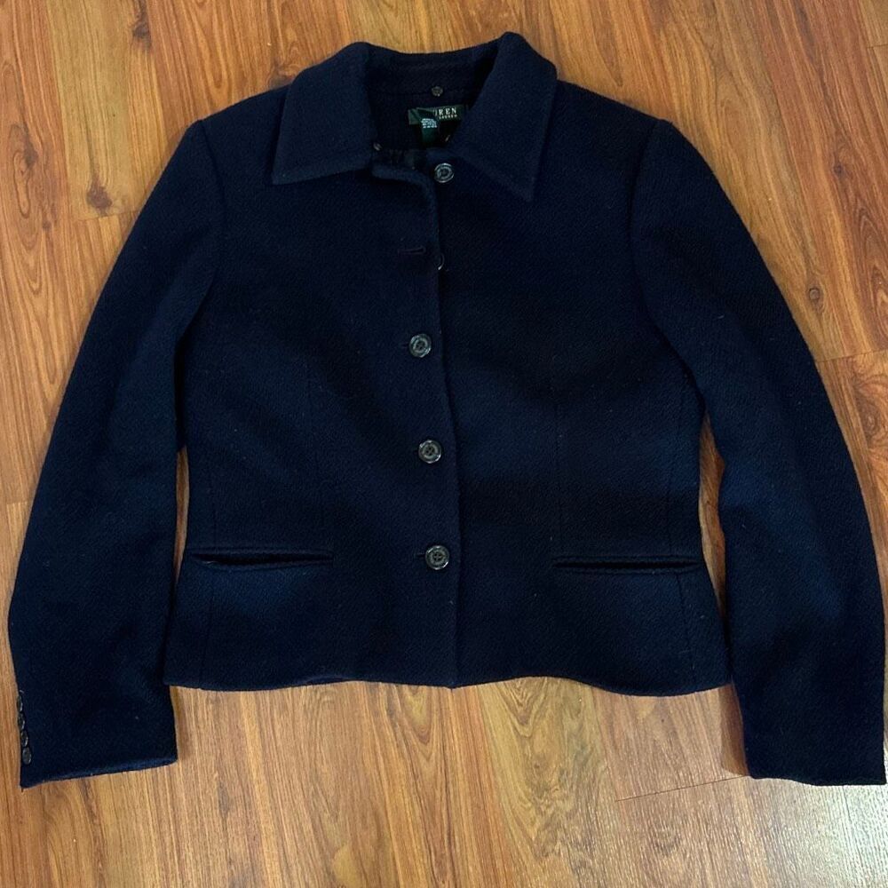 LAUREN Ralph Lauren classic navy short jacket coat blazer wool blend Size 12